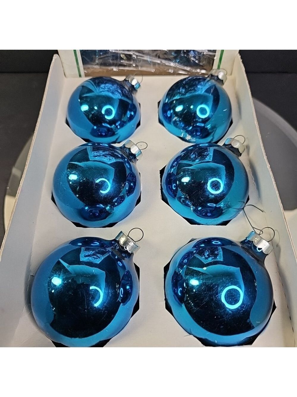 Vintage Christmas Ball Ornaments Baubles Set Of 6 With Box Made In USA Blue